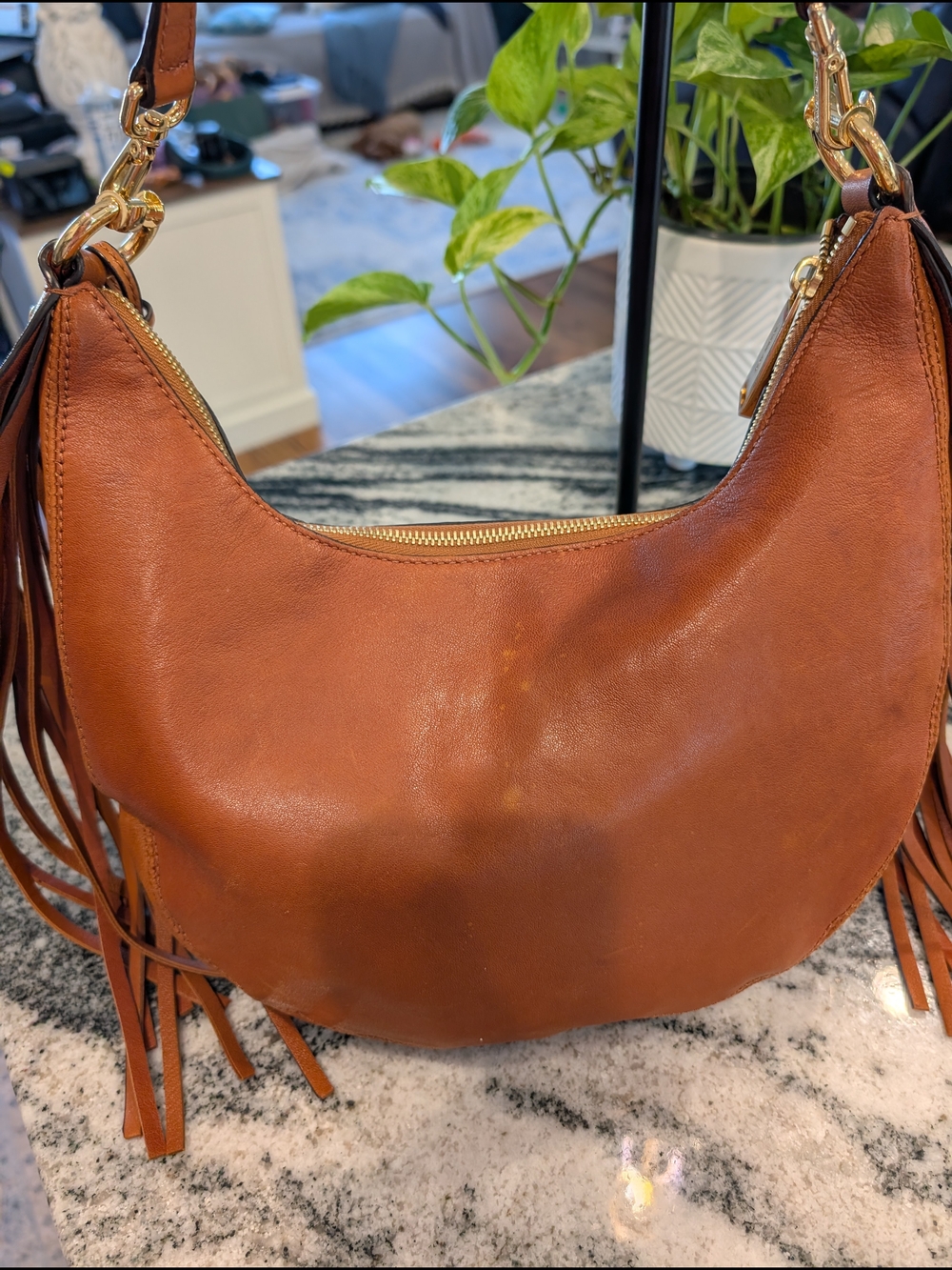 Michael Kors Rhea Tan Gold Studded Hobo Bag With Fringe - Picture 4 of 9